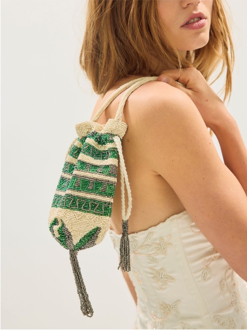 NWT Free People Tassel Beaded Pouch-Green Ivory